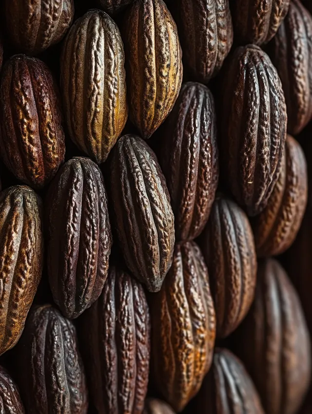 Close-up of dried cocoa pods with ridged brown surfaces arranged closely together.