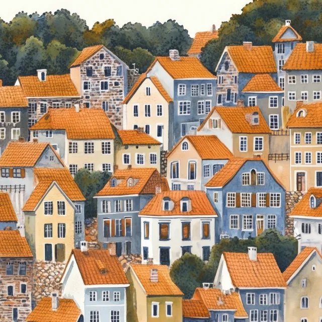 European village street scene with colorful rooftops and windows, watercolor pattern