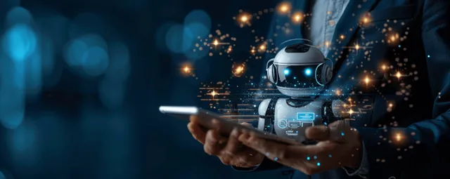 Futuristic AI chatbot glowing on a tablet in a business setting