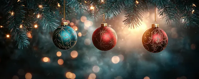 Christmas tree ornaments hanging with warm lights and soft bokeh snowfall backdrop
