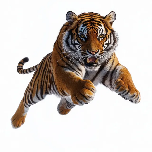 Tiger leaping forward with open mouth and extended paws on a white background.