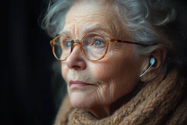 Elderly woman in profile with a visible hearing aid and glasses, shown under soft warm indoor lighting.