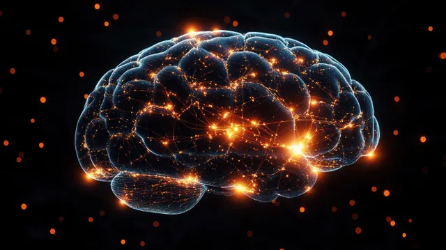 Glowing digital brain with neural network nodes lighting pathways on dark background