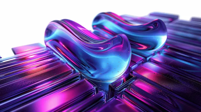 Abstract glass blocks in blue and purple with vivid reflections on black backdrop