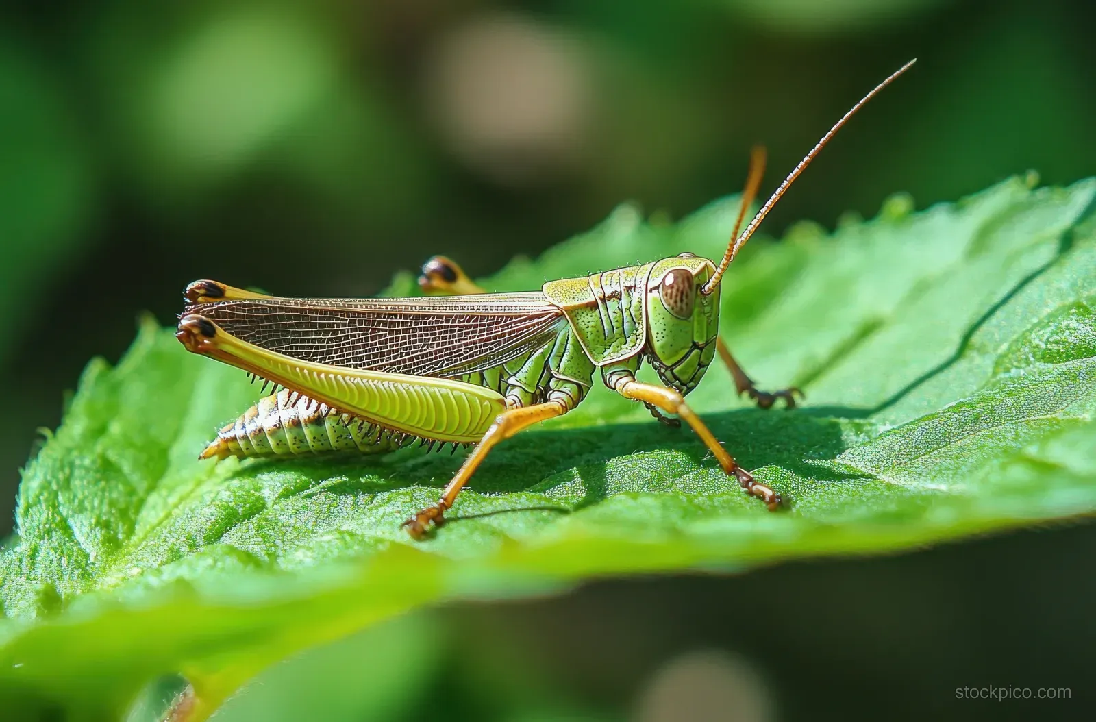 Green grasshopper perched on a bright green leaf with visible legs, antennae, and leaf texture.