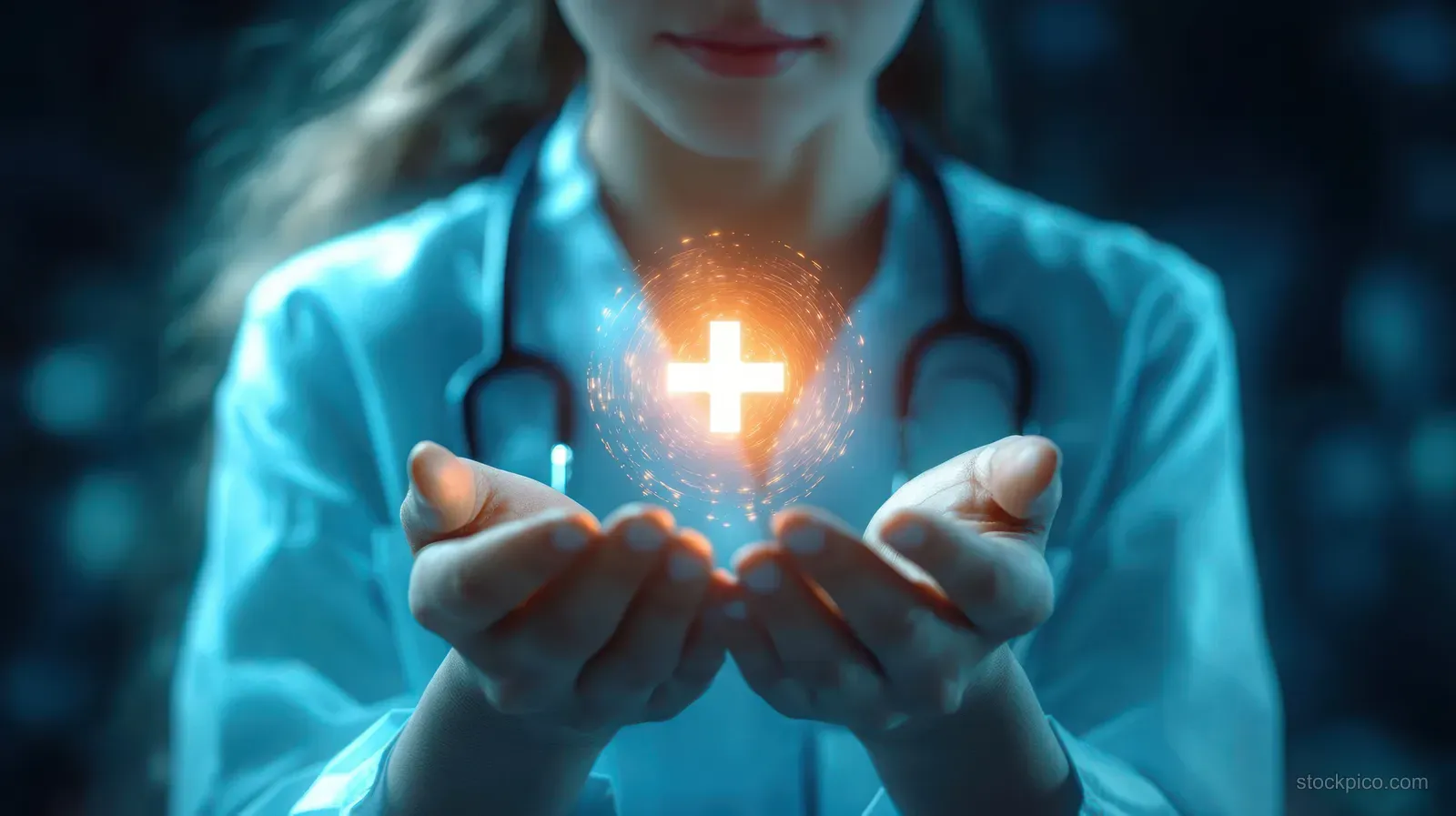 A healthcare worker holds cupped hands with a glowing medical cross symbol in a blue futuristic clinic background.