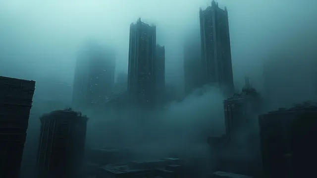 Dark skyscraper silhouettes fade into thick fog over a blue-gray city skyline.