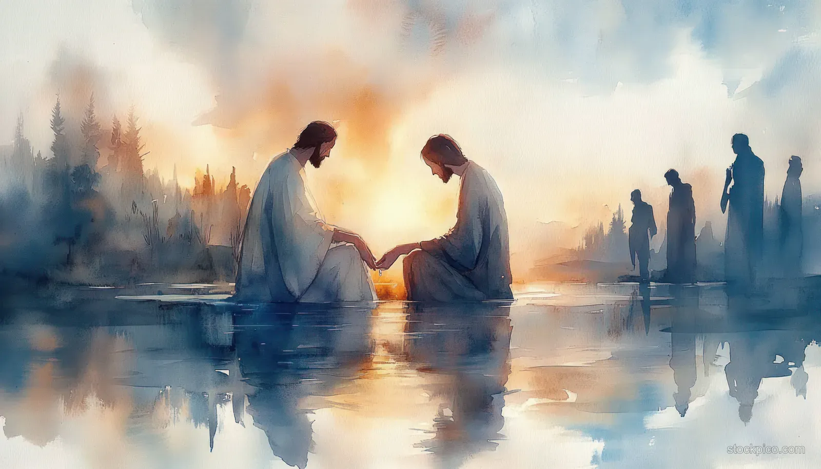Jesus washes a disciple’s feet in a dawn-lit riverside scene with gentle watercolor reflections.
