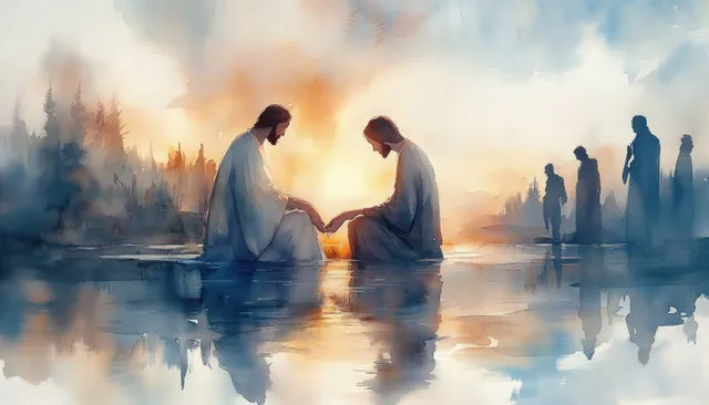 Jesus washing a disciple’s feet at Maundy Thursday, watercolor river reflections at dawn