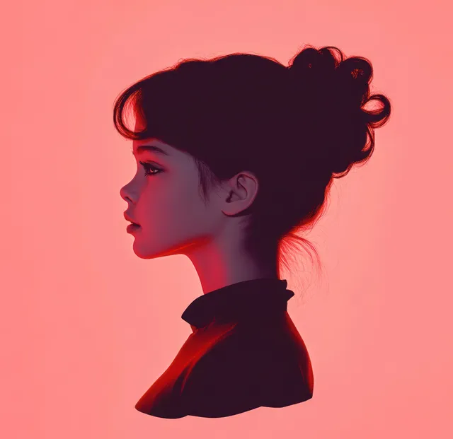Side profile portrait of a young woman with a bun, softly lit against a red background.