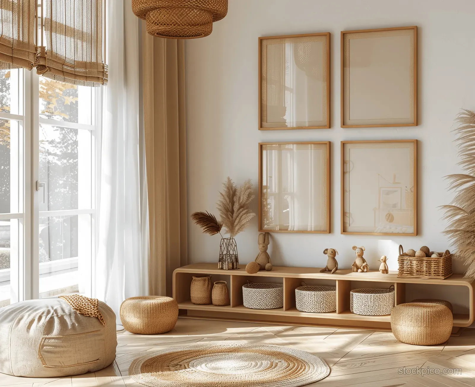 Sunlit Scandinavian children’s room corner with blank framed mockups above a woven toy storage chest and small toys.