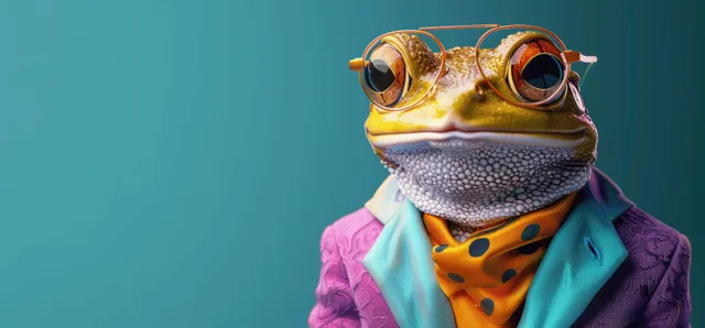 Anthropomorphic frog posing in pastel jacket and gold sunglasses on blue studio backdrop