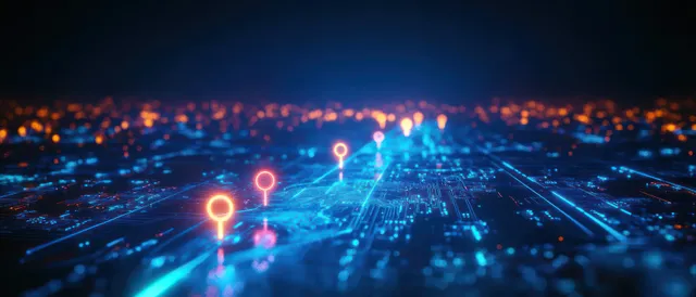 Overhead neon futuristic city with blue and orange glow and dotted map markers connected by circuit-like streets.