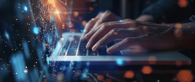 A businessman types on a laptop as cloud network lines and AI city data overlays glow around the screen.