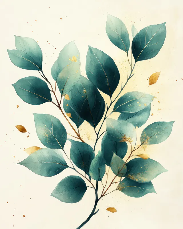 Watercolor eucalyptus branches with teal leaves and small gold speckles arranged in a soft frame on a light background.