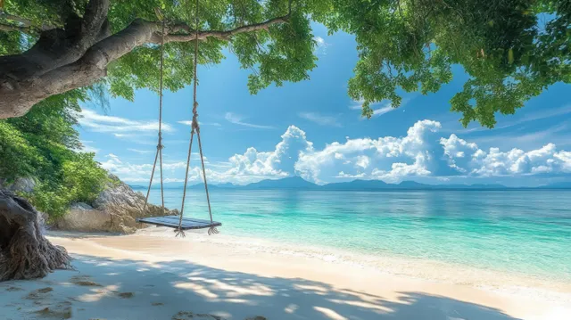 Tropical beach swing hanging from banyan branches over turquoise water