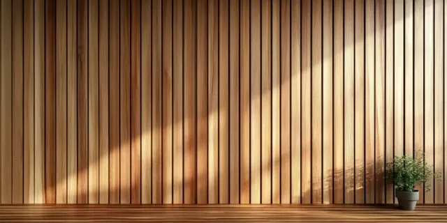 Minimalist interior wall with vertical wooden slats, sunlight rays, and a small potted plant