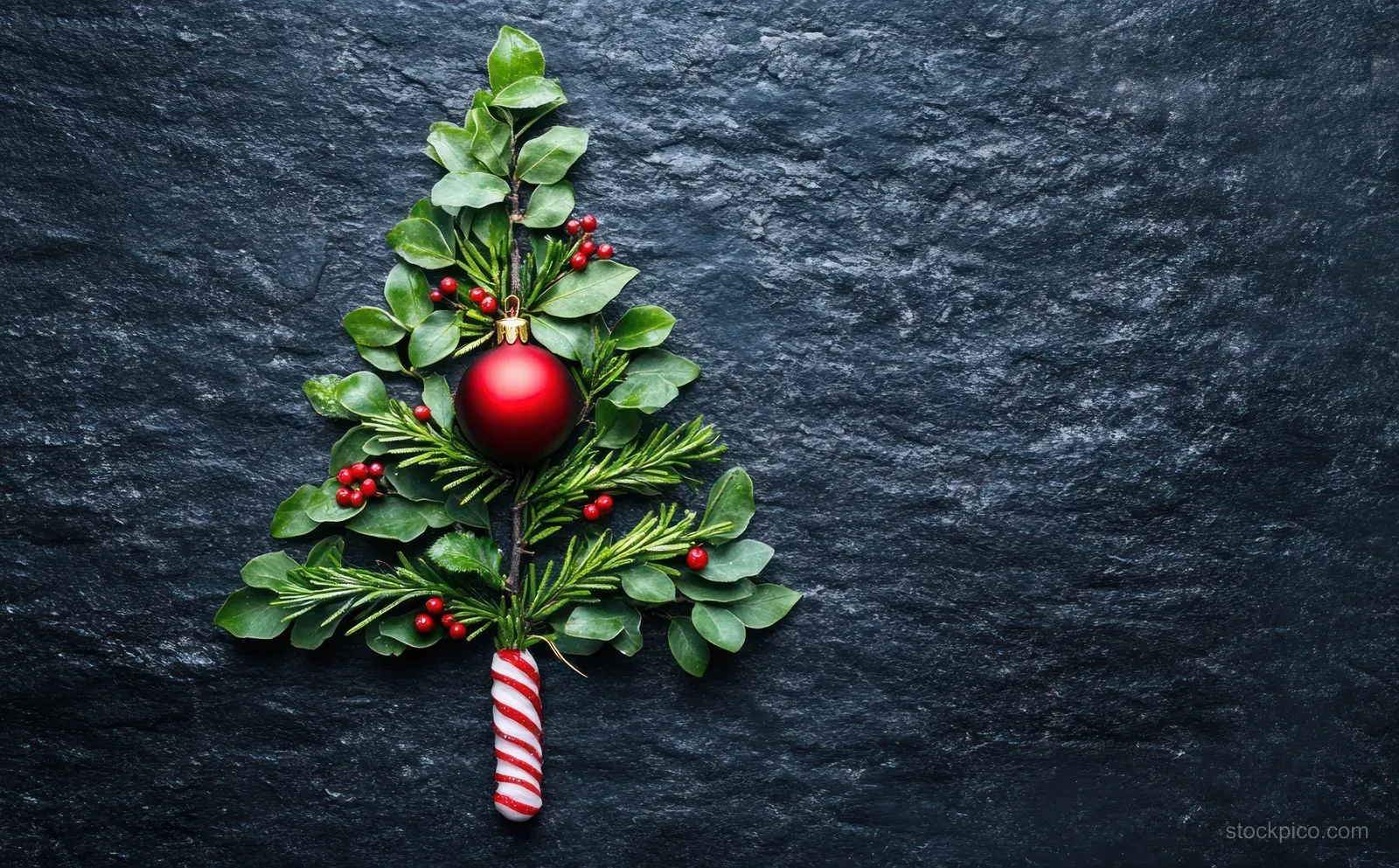 A leaf-made Christmas tree with a red ornament and a striped candy cane on dark textured stone.