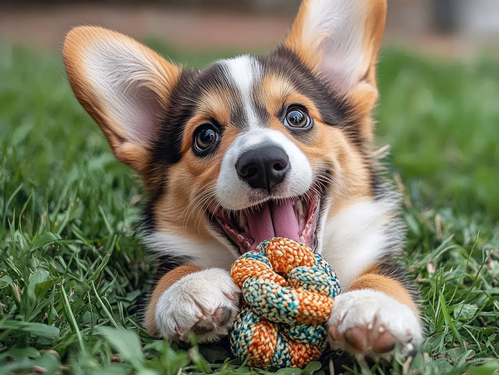 Tricolor corgi puppy lying on grass and chewing a colorful knotted rope toy outdoors with ears perked.