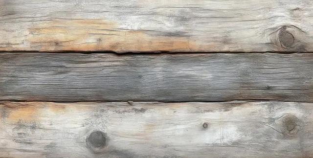 Weathered pale wood planks with soft sunlight shadows and visible grain knots background