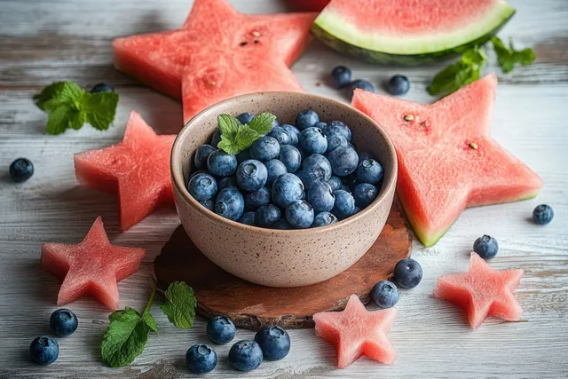 Children hands preparing vibrant summer salad with star watermelon and blueberries on white table