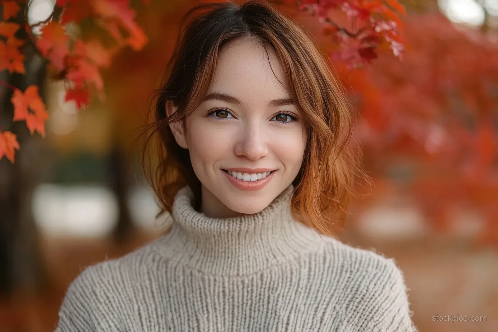 A smiling woman in a beige knit sweater stands outdoors with red autumn leaves and trees in the background.