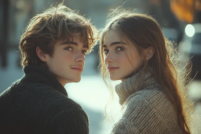 Two women wearing winter sweaters smile while holding ice cream outdoors in soft sunlight.