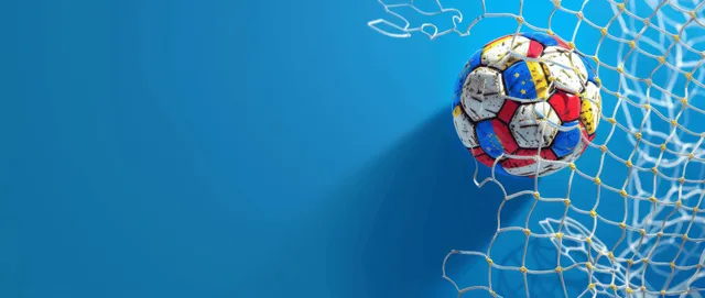 Soccer ball near goal net on blue field background with Euro-style patriotic detail