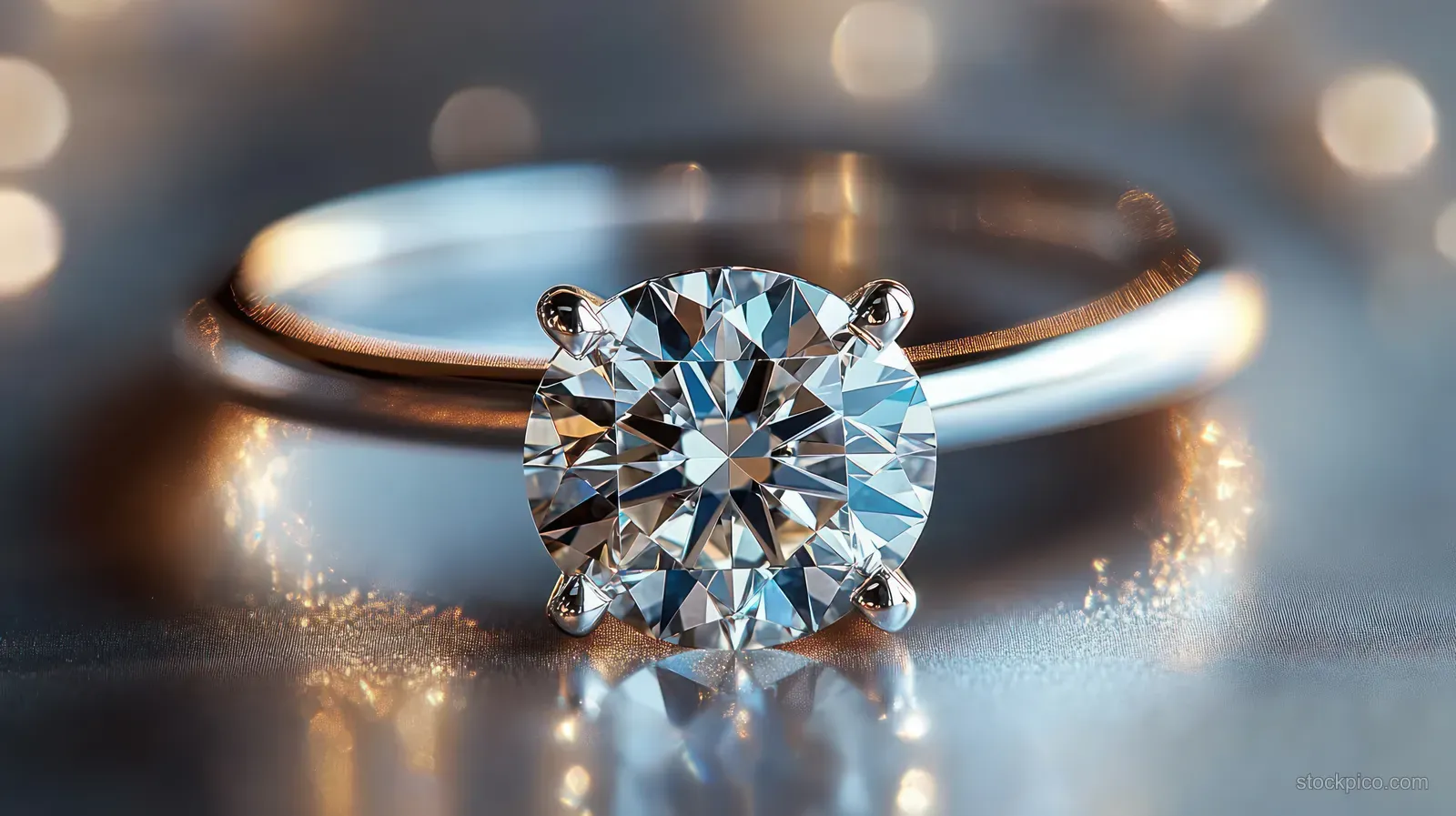 Close-up of a round-cut diamond solitaire ring on a silver band with sparkling facets and soft bokeh behind.