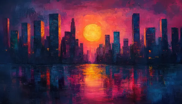 Graffiti-style neon city skyline at sunset with a glowing sun reflected on rippled water.