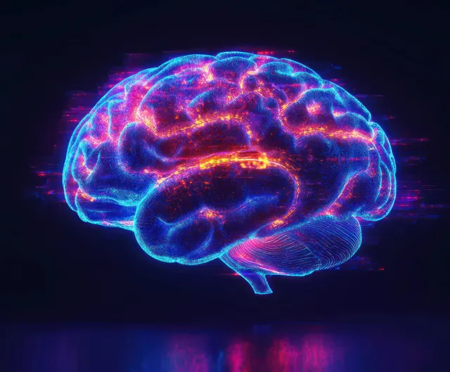 A glowing holographic brain with blue and red neural pathways and pulsing network lines on a dark background.
