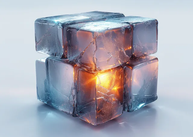 Un cubo holográfico translúcido con reflejos azules y un cálido brillo interior flota sobre un fondo blanco.