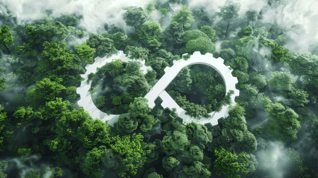 Circular economy gears forming infinity loop over misty green forest from aerial view