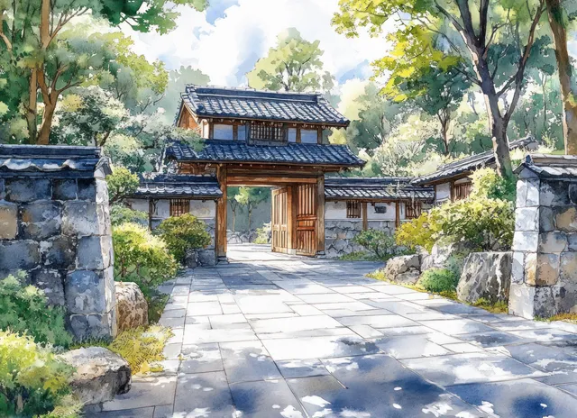 A watercolor and ink sketch of a traditional Japanese courtyard with a wooden gate, stone walls, and dappled sunlight.