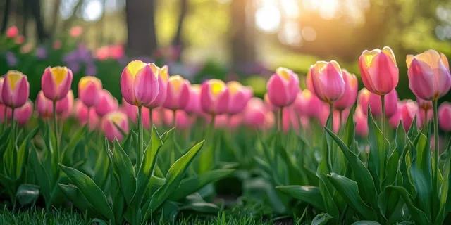 Pink and yellow tulips in full bloom beside a softly blurred green forest background