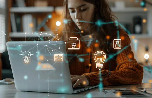 Student studying online technology course on laptop with glowing learning icons