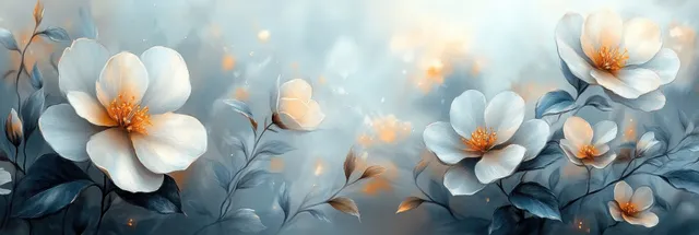 White watercolor flowers with orange centers repeat over a soft blue-gray textured background.
