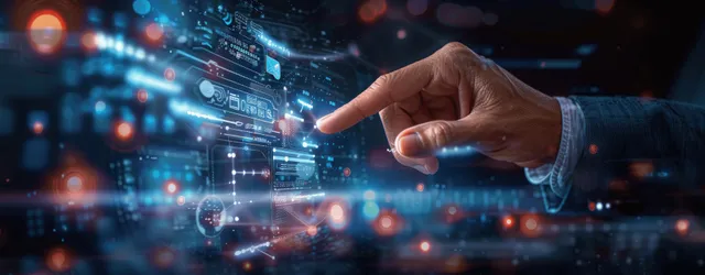 Businessman hand taps a virtual screen with AI network data icons