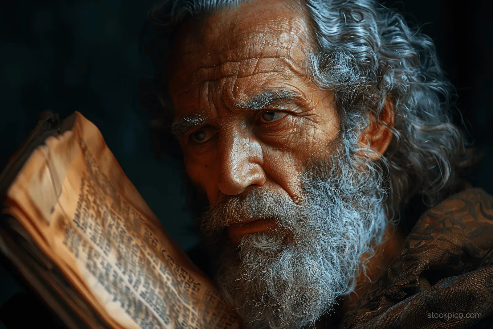 Moses studies Ten Commandments stone tablets under warm studio lighting with a focused expression.