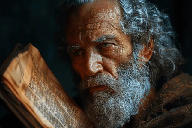 Moses studying Ten Commandments stone tablets, warm studio lighting and intense gaze