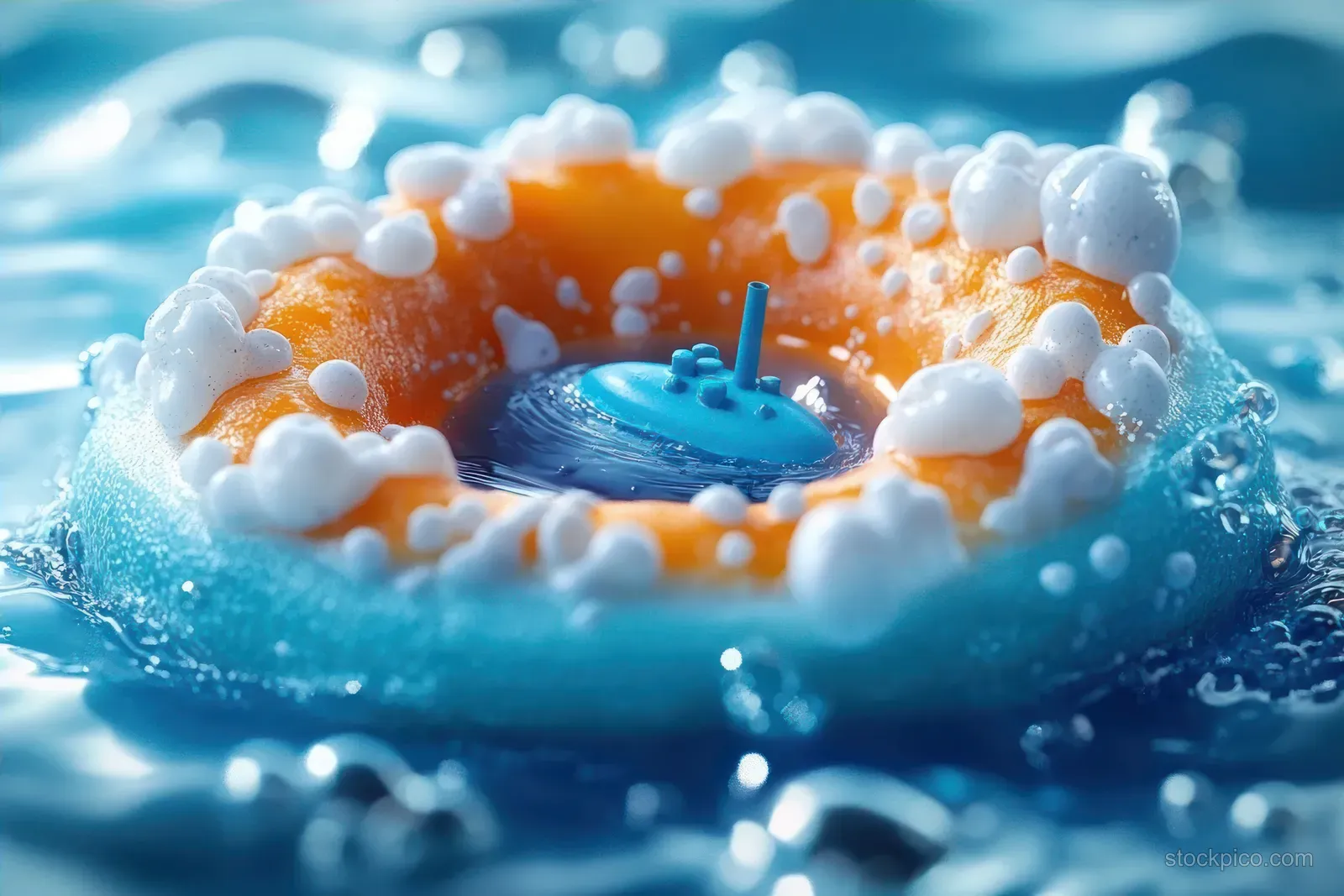 Colorful orange buoy ring floats in blue water with foam bubbles and ripples across the surface.
