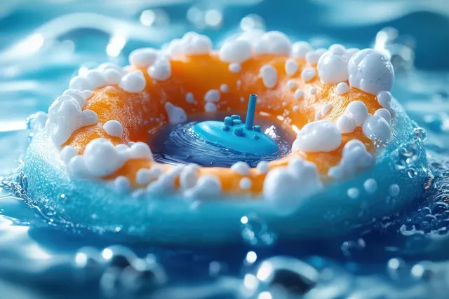 Colorful orange buoy ring floats in blue water with foam bubbles and ripples across the surface.