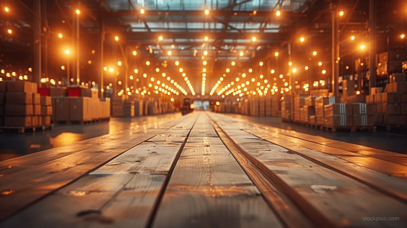 Warehouse aisle with stacked cardboard boxes and forklifts moving pallets under warm ceiling lights.