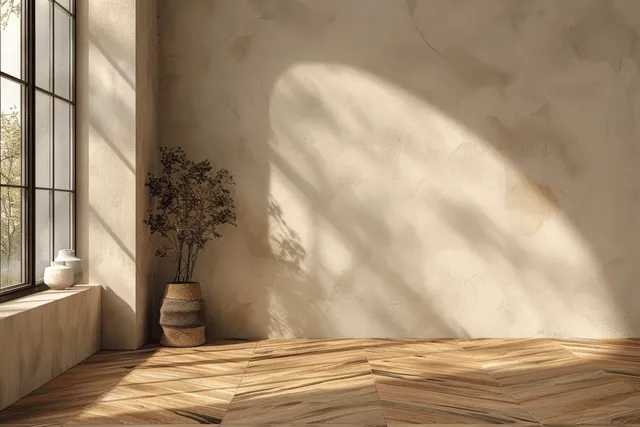 Abstract dining table in a minimalist room with beige walls, herringbone floor, and sunlit shadows.