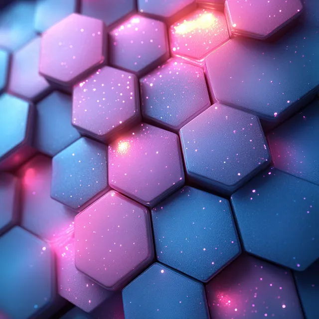 Glowing hexagon cells with pink and blue highlights form a molecular pattern on a smooth gradient background.