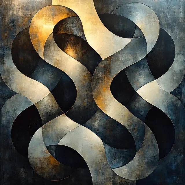 Abstract ribbon-like shapes interlocking on textured blue-gray background