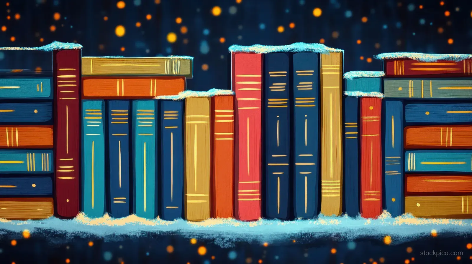 Stacked colorful books fill the frame on a shelf with twinkling specks against a dark vintage background.