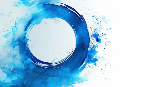 Blue watercolor circle framed by splashed brush strokes and scattered paint specks on white paper.