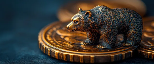 A small bear figurine sits on a coin-textured base with warm lighting against a blue blurred background.