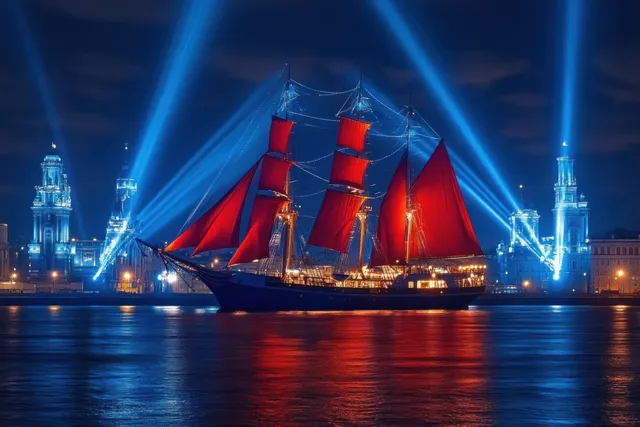Tall ship with red sails illuminated by blue spotlights at night, reflecting on calm harbor water with towers behind.